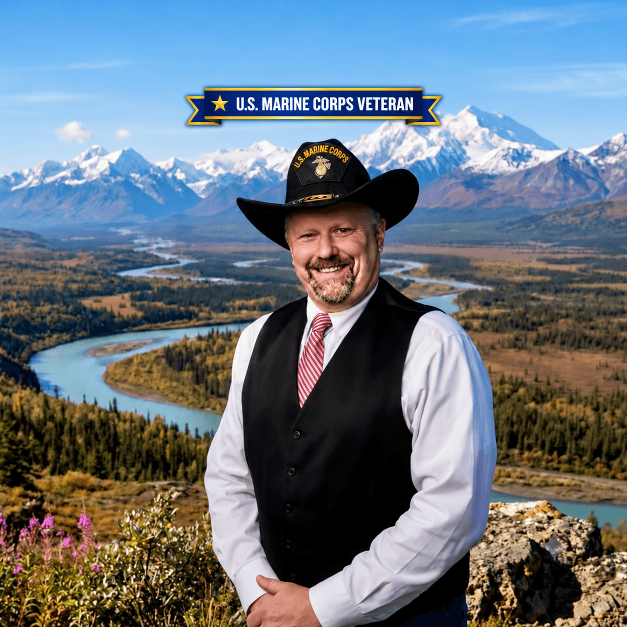Smiling U.S. Marine Corps veteran in a cowboy hat before a scenic mountain landscape.